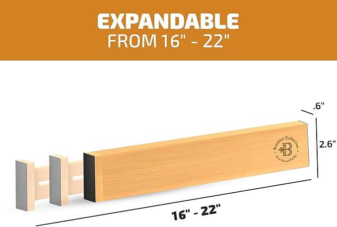 6-Pack Bamboo Drawer Dividers - 2.6 in High, Adjustable 16 to 22 in Expandable Drawer Organizers and Dresser Separators for Clothes, Bedroom, Bathroom, Kitchen, and Office Organization and Storage