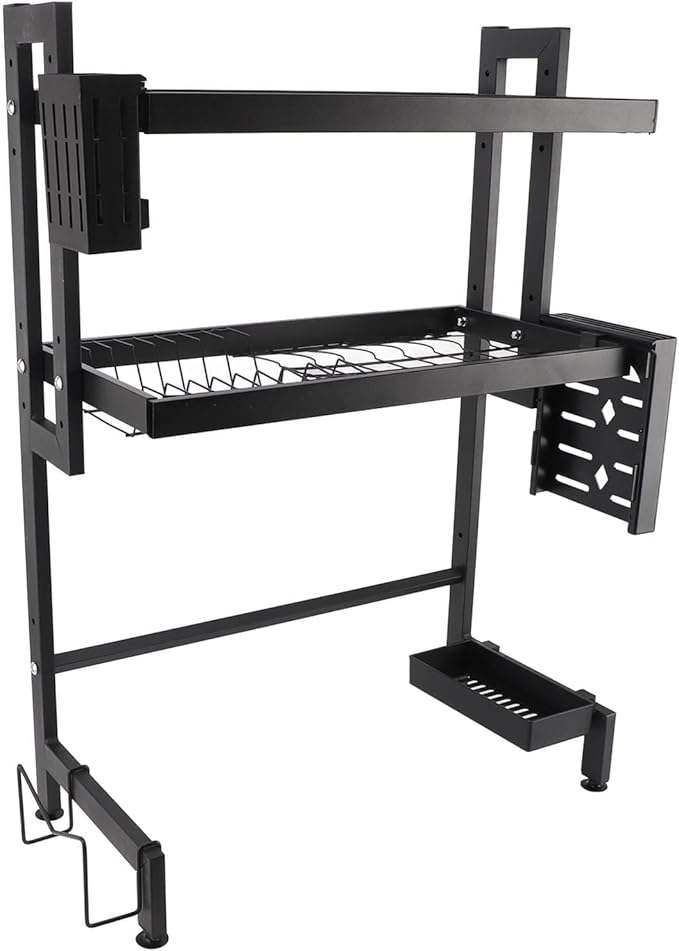 Over Sink Dish Rack Large Capacity Metal Thickened Countertop Dish Drying Shelf 55cm - Foldable Design, Space Saving, Stable Carbon Steel Construction for Kitchen (Double Layer)