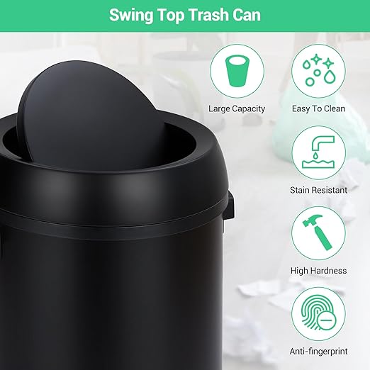 Garvee 17 gal/65 L Trash Can, Fingerprint-Proof Stainless Steel Swing Top Garbage Can, Heavy Duty Commercial Round Trash Bin with Swing Lid for Restaurant, Home, Office, Black