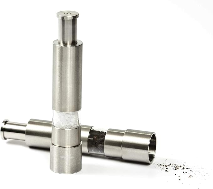 Grind Gourmet Salt and Pepper Grinder Set, Original Pump & Grind Peppermill are Refillable, Modern Thumb Press Grinder, Works With Black Pepper, Sea Salt, Himalayan Salts, Stand Included