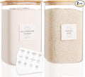 CZZGSM 2 Pack Square Glass Flour and Sugar Containers with 132 Kitchen Pantry Labels - Thicken 149 FL OZ Large Glass Storage Jars with Airtight Bamboo Lid - Big Food Canisters for Rice, Pasta, Cookie