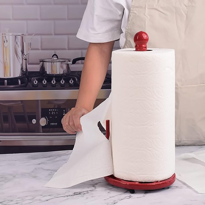 Red Cast Iron Paper Towel Holder for Kitchen Countertop - Vintage Freestanding Stand with Heavy Weighted Base, Retro Farmhouse Decor, Fits Jumbo Rolls, Easy One-Handed Tear