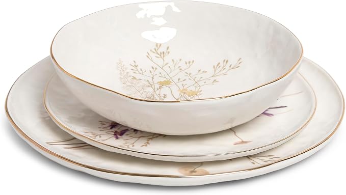 Sango 12-Piece Luxury Porcelain Dinnerware Set for 4- Glossy White Plates and Bowls Sets with Wildflower Patterns and Gold Rims, Ceramic Dish Set, Elegant Dishes for Everyday Dining, Gansevoort