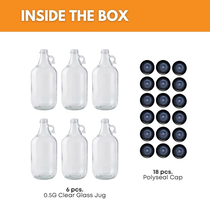 Fastrack 6-Pack Half-Gallon Glass Jug Set (64 oz) w/18 Polyseal Caps | Multipurpose Half Gallon Jug, & Detergent Dispenser for Laundry, Glass Jar for Liquids, Water & Juice