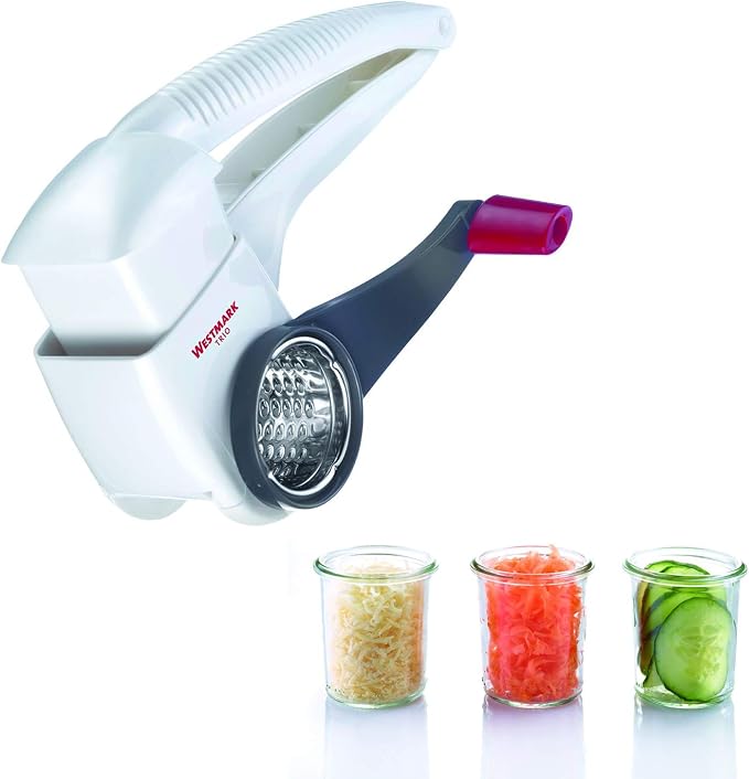 Westmark Multipurpose Rotary Cheese & Vegetable Grater Cutter Slicer Shredder with 3 Interchangeable Stainless Steel Drums (White)