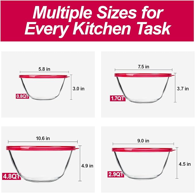 KOMUEE 4 Pack Glass Mixing Bowls Set with Lids (4.8QT, 2.9QT, 1.7QT, 0.8QT), Glass Nesting Bowls for Kitchen Baking, Cooking and Serving, Oven, Dishwasher, Freezer, and Microwave Safe