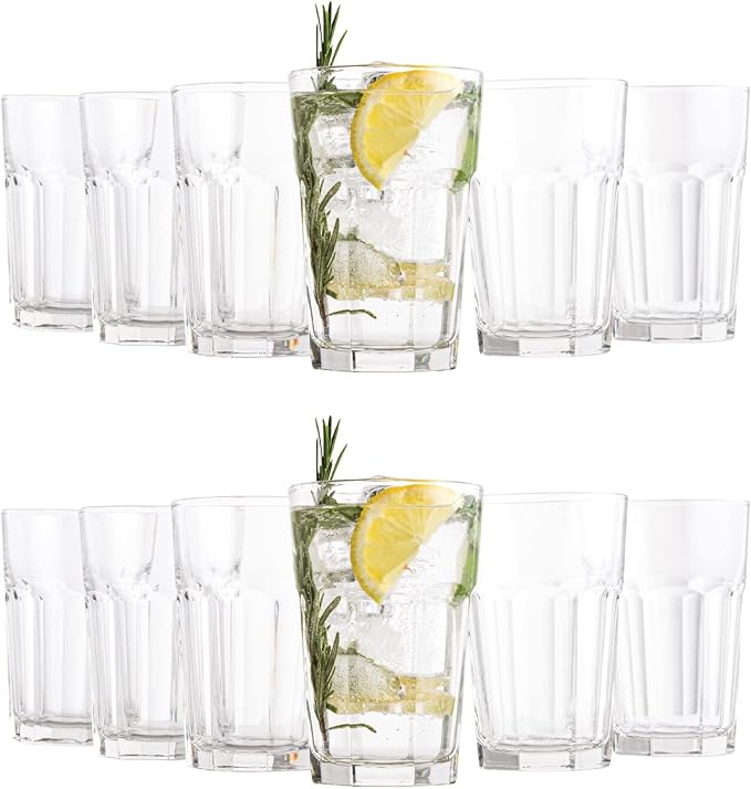 Vikko Large Drinking Glasses, 14 Ounce Glass Cups, Durable Glasses Drinking Set of 12, Stackable Water Glasses, Highball Glasses, Heavy Base Tumblers & Water Glasses, Dishwasher Safe Cups for Kitchen