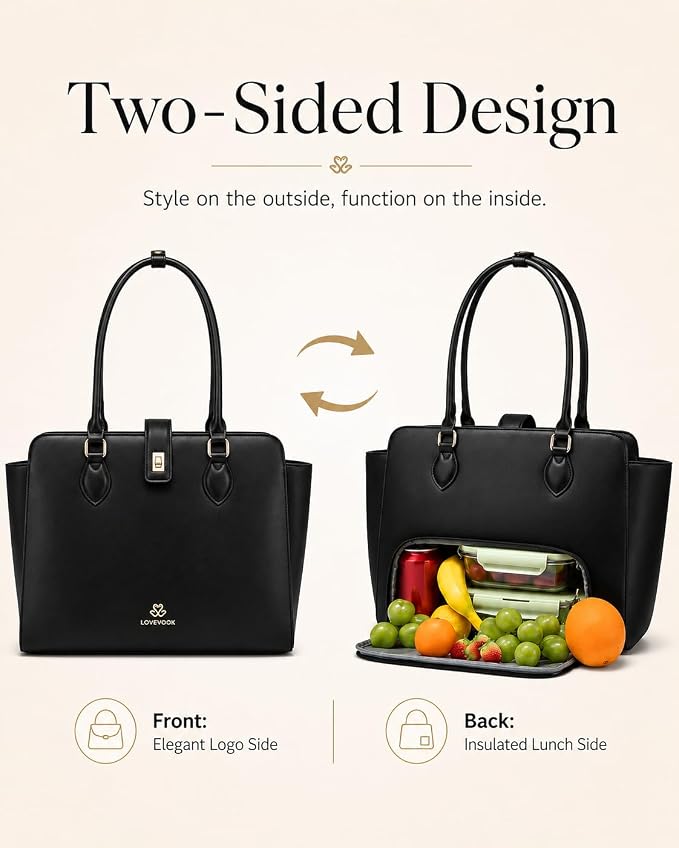 LOVEVOOK Lunch Tote Bag for Women, 2-in-1 Work Tote Bag with Lunch Compartment, Insulated Lunch Bag & 15.6 Inch Laptop Bag for Women, Ideal for Teacher, Nurse and Camping Use, Black