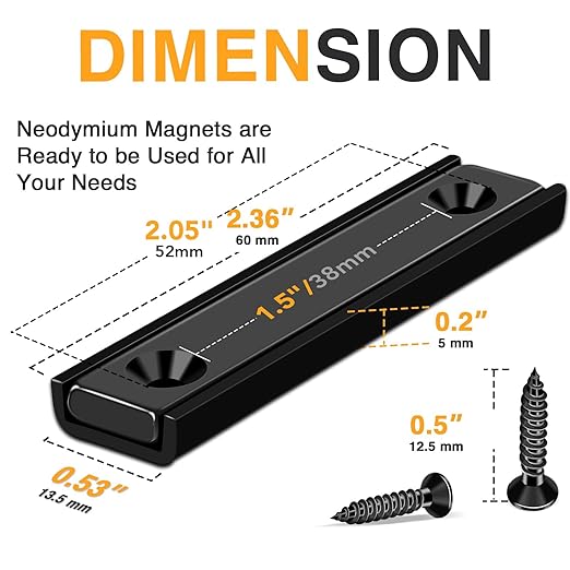 TRYMAG Neodymium Rectangular Magnets 80Lbs, 60 x 13.5 x 5mm Strong Black Bar Magnets with Countersunk Hole and Steel Capsule, Heavy Duty Industrial Rare Earth Magnets with Screw for Mounting, 6 Pack