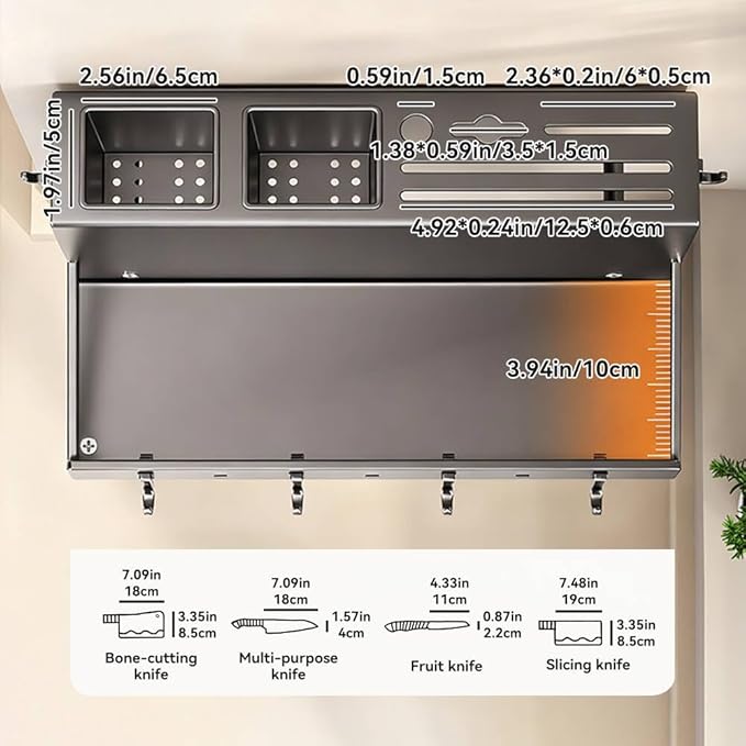 Multifunctional Wall-Mounted Knife Holder Kitchen Utensils Holder Spice Storage Organizer Rack for Knives, Spoons, Chopsticks, Towels, Pot Lids, Spice Jars (White)