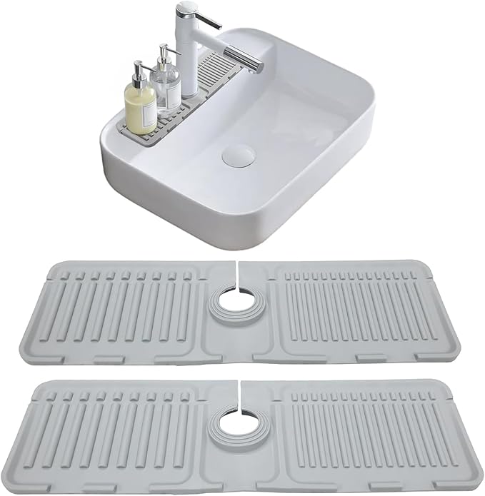 Kitchen Sink Faucet Mat, 2 Pack Silicone Splash Guard and Drip Catcher Tray, Sink Organizer, Sponge Holder & Drying Mat for Countertop (Grey)