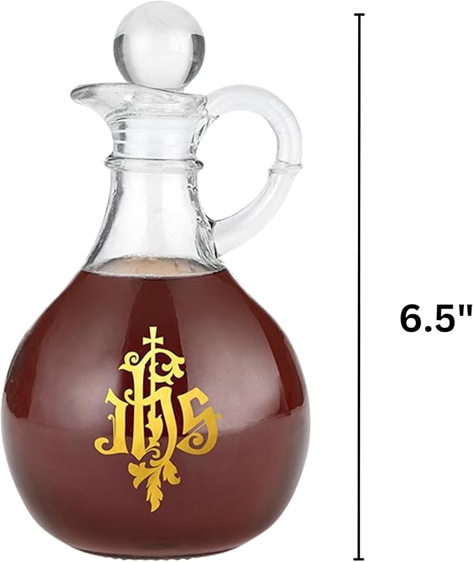 Needzo IHS Glass Cruet Set, Religious Bottle Dispensers, Catholic Church Supplies, 6.5 Inches (2 Included)