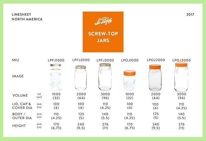 Le Parfait Eco-Friendly Zero Waste Wide Mouth Glass Jar with Airtight Screw Top Lid - Reusable French Storage Jar for Food, Soup, Flour, Sugar, Canning & Baking (3L/96oz, 3 Pack, Gold 2-Piece Lid)