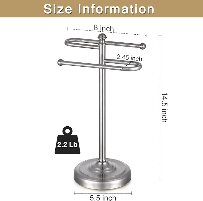 Hand Towel Stand,304 Stainless Steel Hand Towel Holder for Bathroom Kitchen Counter，14.5 Inch S-Shape Weighted Base Standing Hand Towel Rack Bar Holds 2 Towels (Brushed Nickel)