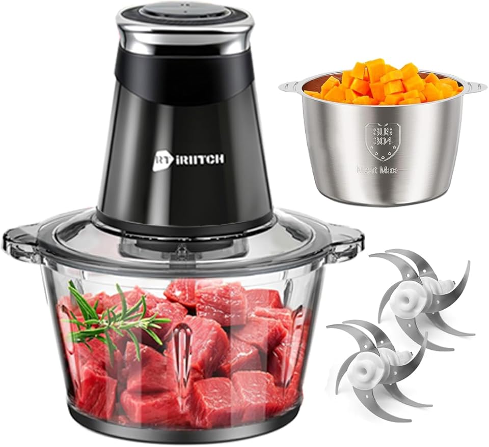 iRIITCH Food Processors, Electric Food Chopper with Meat Grinder & Vegetable Chopper - 2 Bowls (10 Cup+5 Cup) with Powerful 500W Copper Motor - Includes 2 Sets of Bi-Level Blades for Fruits/Meat/Nuts