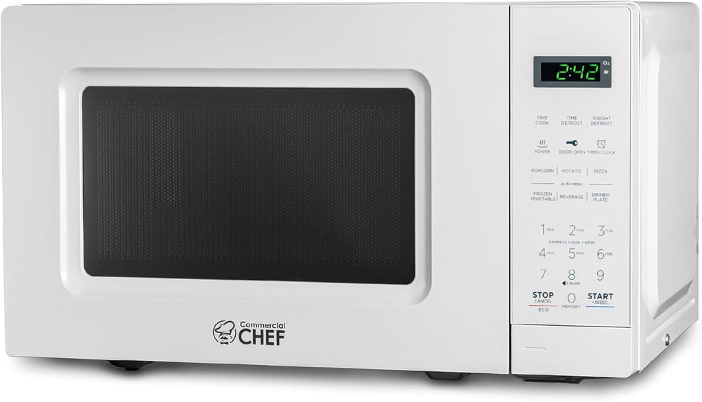 Commercial Chef 0.7 Cu. Ft. Countertop Microwave Oven, Touch Controls with Digital LED Display, 700W Small Microwave with 10” Turntable Plate, Push Button Door, 10 Power Levels, CHM7MW, White