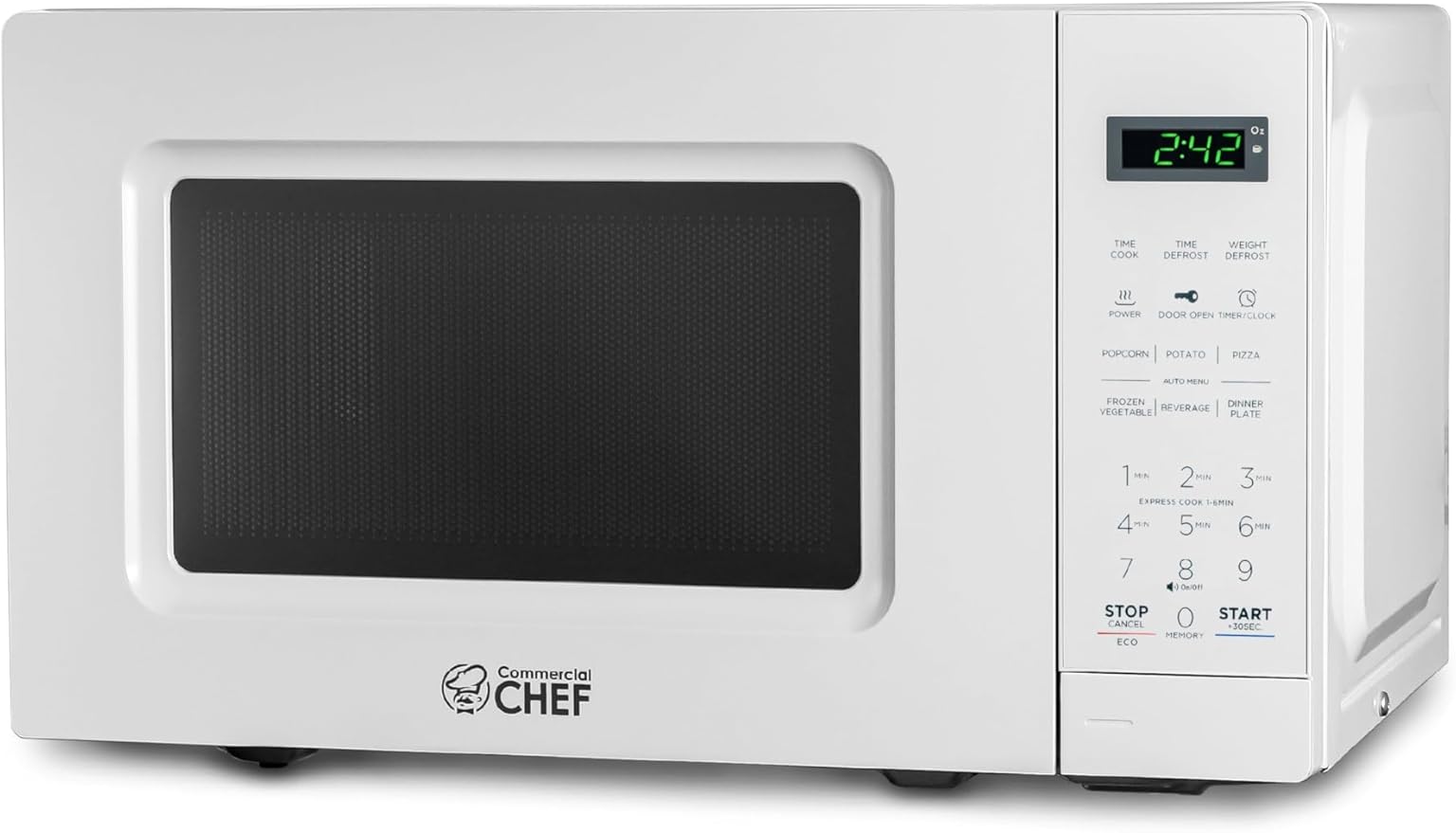 Commercial Chef 0.7 Cu. Ft. Countertop Microwave Oven, Touch Controls with Digital LED Display, 700W Small Microwave with 10” Turntable Plate, Push Button Door, 10 Power Levels, CHM7MW, White