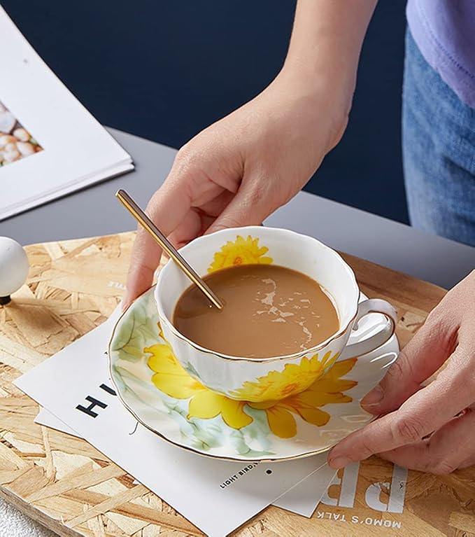 Ceramic Teacup Sunflower Vintage Coffee Mug Tea Cup with Saucer,Set of 4