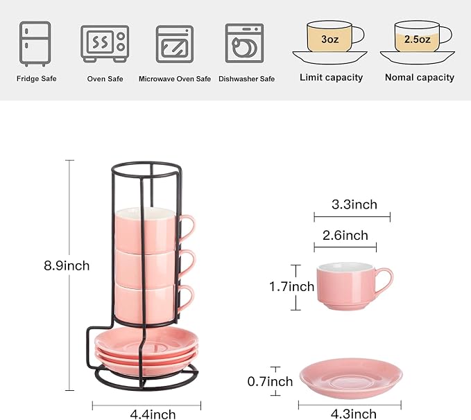 YOLIFE 2.5oz Espresso Cups Set of 4, Porcelain Stackable Espresso Cups, Expresso Shots Cup Set with Saucers and Metal Stand-Pink
