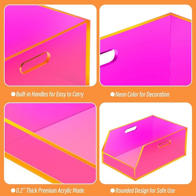 Gelite Stackable Storage Bins Open Front Organizer Bins with Handles Acrylic Storage Container for Pantry Kitchen Cabinet Bathroom Closet Office Organization, 15.4x11.4x6.7'', Neon Pink