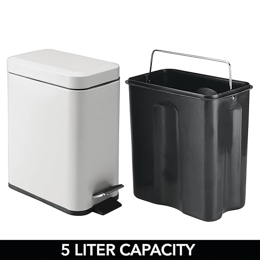 mDesign Pedal Bin — Waste Bin with Pedal, Lid and Plastic Bucket Insert Perfect for Bathroom, Kitchen, and Office — Metal Household Rubbish Bin with Ergonomic Design — Light Grey