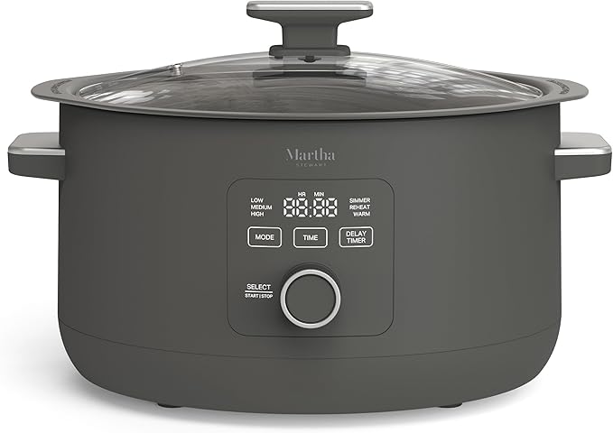 Martha Stewart 8 QT Slow Cooker, Programmable with Timer, 3 Heat Settings (Low, High, Warm), Nonstick Ceramic Removable Crock, Stovetop & Oven Safe, Glass Lid, Simmer, Reheat, Warm, Caviar