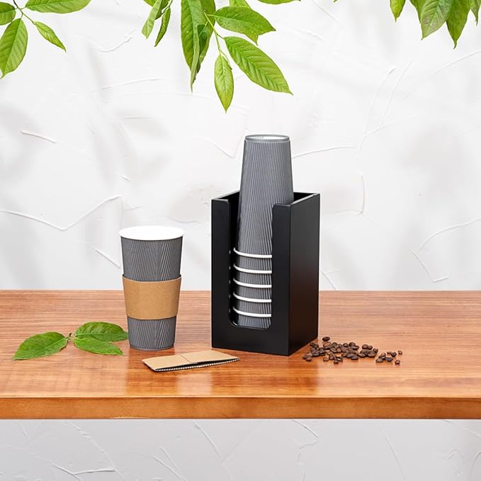 Restaurantware-4.5 x 8 Inch Coffee Cup Dispenser, 1 Countertop Cup Lid Organizer - Holds Cups/Lids/Napkins Up To 3.75 Inch in Diameter, Black Bamboo Cocktail Napkin Holder, For Bars or Offices