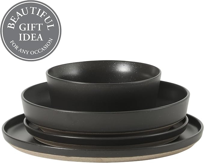 Gibson Elite Overbrook 16-Piece Pottery Clay Stoneware Dinnerware Set – Black Reactive Glaze, Stackable Plates and Bowls W/Pasta Bowl, Service for 4 – Microwave & Dishwasher Safe