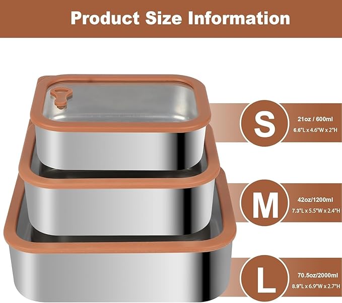 304 Stainless Steel Food Storage Containers - Heat-Resistant Glass Lid Set for Secure Meal Prep, Ideal for Cooking, Office & Camping (3pcs-21 oz, 42 oz and 70 oz)