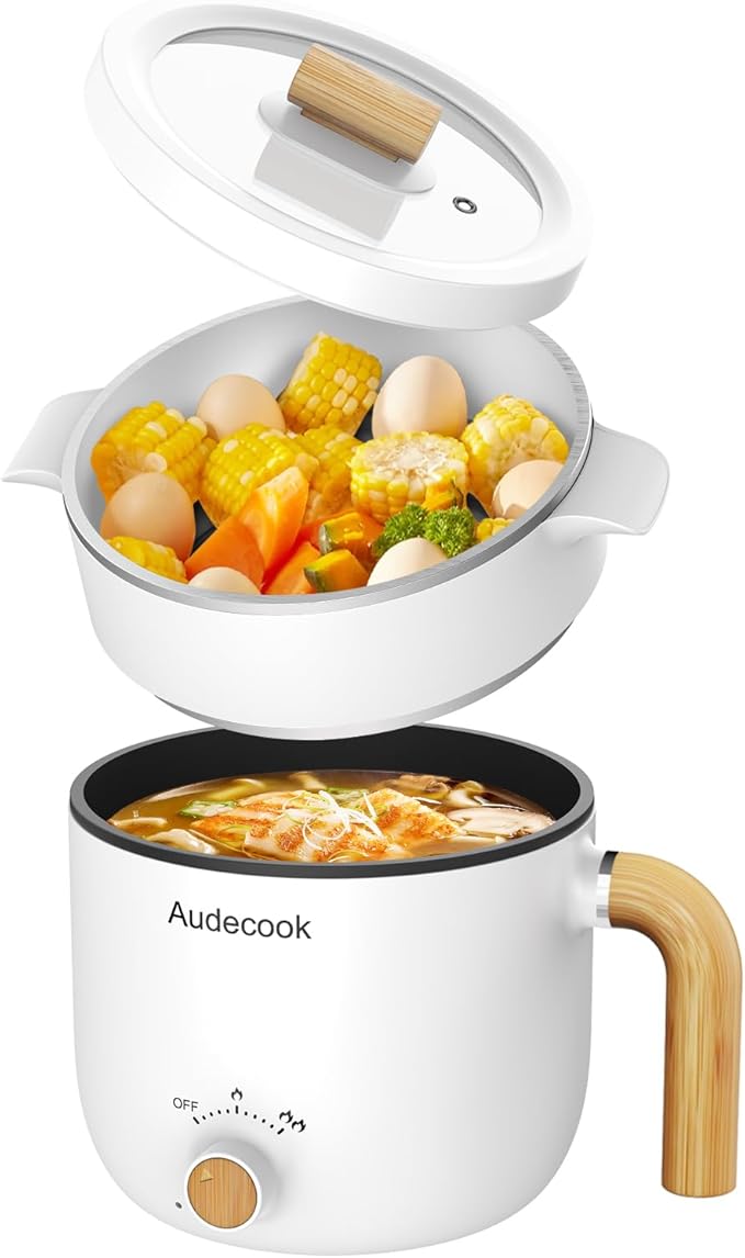Audecook Hot Pot Electric with Steamer, 1.5L Portable Nonstick Rapid Noodles Cooker, Travel Electric Skillet with Dual Power Control for Ramen/Pasta/Soup/Steak/Egg/Oatmeal (White)