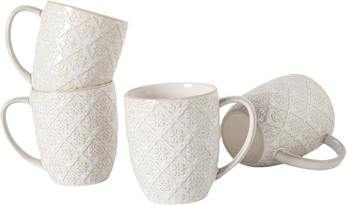 16OZ Ceramic Embossed Coffee Mugs Set, Large White Coffee Cups with Handles, Porcelain Mug Sets with Patterns for Milk, Tea, Latte, Cocoa, Mocha, Cappuccino, Dishwasher Safe, Cups Set Gift (4PCS)