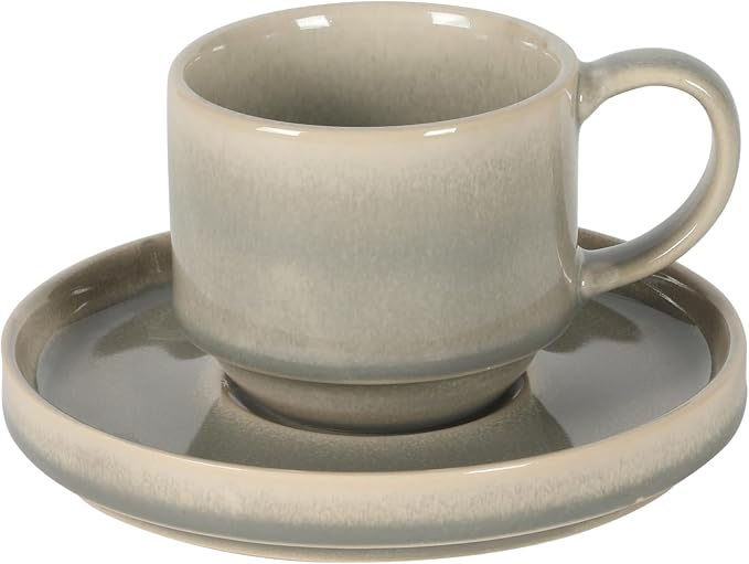 Gibson Elite Sunrise Hills 9-Piece Stackable Stoneware Cup and Saucer Set with Metal Rack, 6 oz, Service for 4, Dishwasher and Microwave Safe, Gray