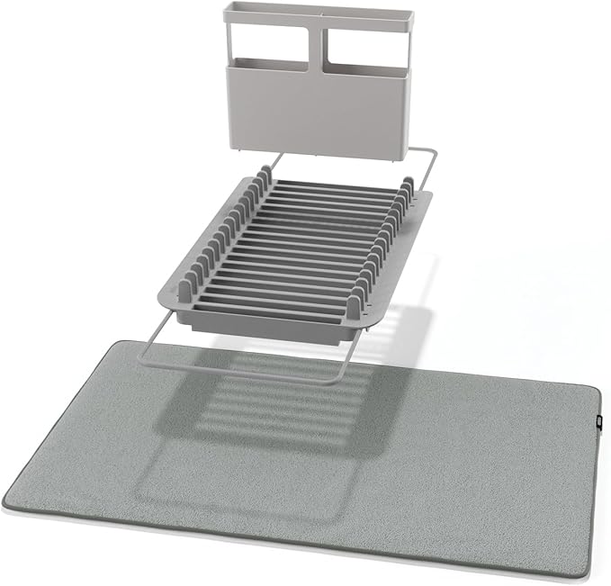 HomeStock Over Sink Dish Rack & Drying Mat - 16 Slot Organizer, Utensil Caddy, Compact Storage