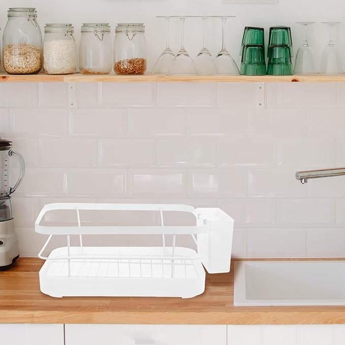 Garneck Kitchen Dish Drying Rack Over Sink, White Large Capacity Plate and Bowl Drainer with Chopstick Holder, Countertop Storage Organizer for Home Kitchen, Holds 9 Plates and 12 Bowls