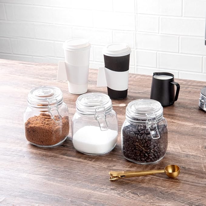 Restaurantware-Vetri 30.4 Ounces Glass Storage Jars, 3-Piece Dishwashable Glass Cookie Jars - Airtight Seal, Hot & Cold Friendly, Clear Candy Container, For Kitchen, Laundry, Or Storage