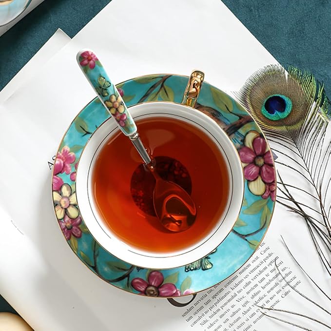 Bone China Blue Bird Tea Cup with Saucer Spoon 3 Piece Set（7oz） Cappuccino Cups, Coffee Cups, Tea Cup Set, British Coffee Cups, Porcelain Tea Set, Latte Cups, Mother's Day Gift