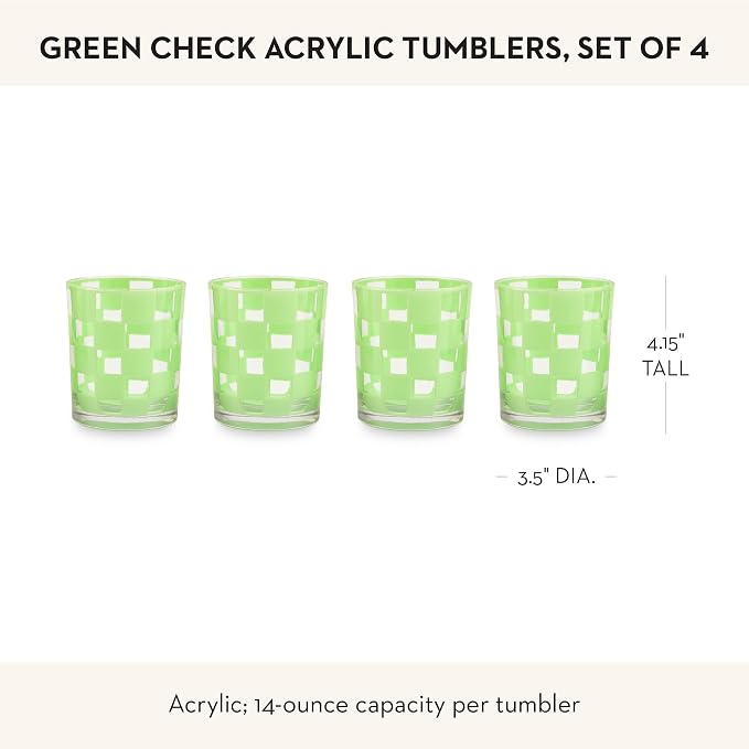 MACKENZIE-CHILDS Set of 4 Acrylic Tumblers, Open Tumbler Cups, Acrylic Cups, 14 Ounces, Green Check