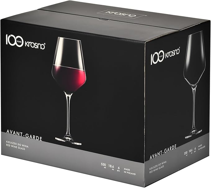 Krosno Classic Red Wine Glasses Set of 6 pieces, 16.6 oz, Avant-Garde Collection, Crystal Glass Thin Rim Long Stem Unique Elegant Premium, Dishwasher Safe, Made in Europe
