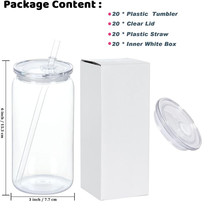 16 Oz Acrylic Can Tumbler, 20 Pack Plastic Clear Cup Beer Can, Plastic Mason Jar with Clear Lid