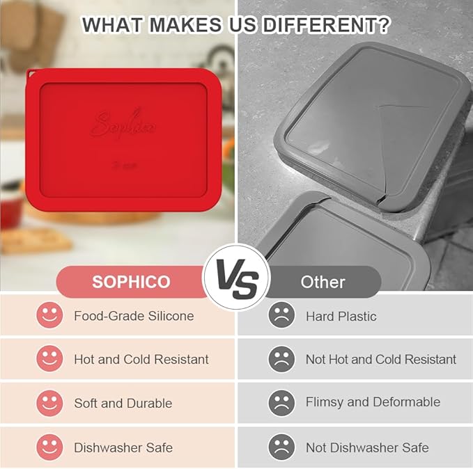 Sophico 3 Cup Rectangle Silicone Storage Cover Lids Replacement for Pyrex 7210-PC Glass Bowls, Container not Included (RED, 2 Pack)