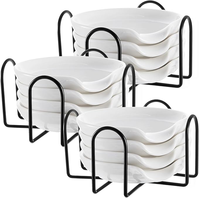 Bokon 12 Pack Ceramic Spoon Rest with Holder, Kitchen Utensil Rest for Stove Top, Dipping Sauce Dishes, Heat Resistant and Dishwasher Safe (White)
