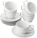 BTaT- Cappuccino Cups with Saucers 7 oz, Set of 6, White Porcelain Coffee Cup and Saucer Set for Latte, Mocha, Tea, Au Lait, Flat White, Dishwasher, Microwave, Freezer and Oven Safe