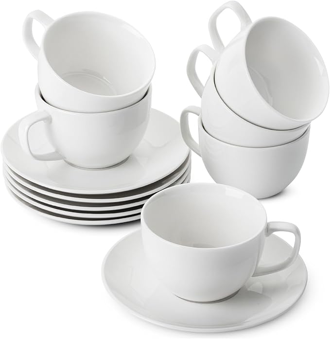 BTaT- Cappuccino Cups with Saucers 7 oz, Set of 6, White Porcelain Coffee Cup and Saucer Set for Latte, Mocha, Tea, Au Lait, Flat White, Dishwasher, Microwave, Freezer and Oven Safe