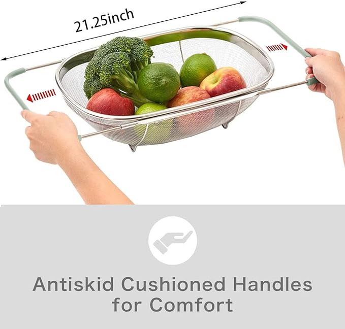 AJIODA Over The Sink Colander, 6 Quarts Stainless Steel Oval Colander with Expandable Rubber Grip Handle, Fine Mesh Strainer Baskets Kitchen Colanders for Strain, Drain, Rinse Vegetables, Mint Green
