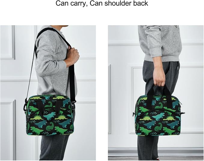 OREZI Green Diniosaur Lunch Bag for Boys Girls,Dinosaur Children Reusable Lunch Bags Lunch Box Container with Detachable Shoulder Strap,Insulated Lunch Coolers for School Work