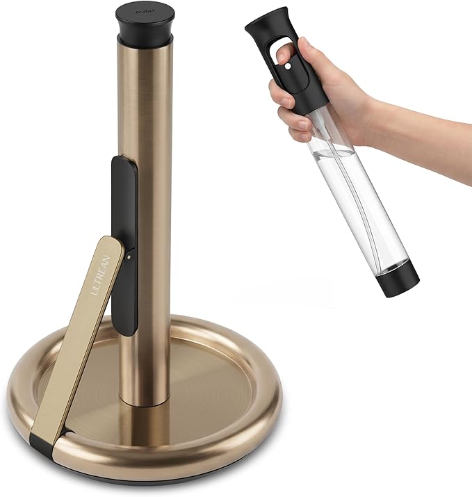 Ultrean Paper Towel Holder with Spray Bottle, Countertop Freestanding Paper Towel Dispenser with Spring-Loaded Tension Arm for One-Handed Tear, Weighted Non-Slip Base, Stainless Steel for Kitchen,Gold