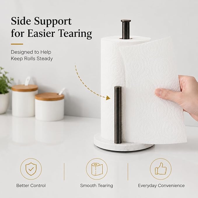 Oil Rubbed Bronze Paper Towel Holder,Stainless Steel Paper Towel Holder for Kitchen Roll Organize, Standard or Jumbo-Sized Roll Paper, Countertop Roll Dispenser with Marble Base