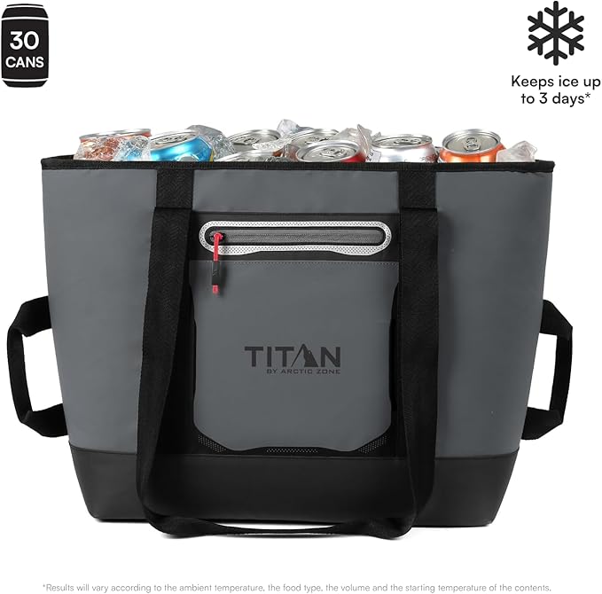 Titan by Arctic Zone Soft Sided Cooler Tote, Insulated Bag with Handle, Shoulder Strap, and Zipper for Lunch, Picnic, and Travel, 30 Can Capacity