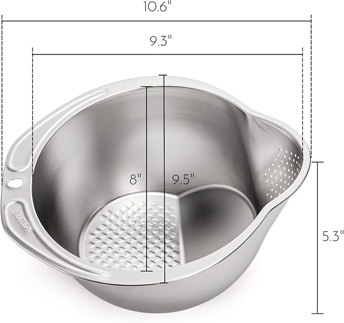 2 Pack Rice Washer Strainer Bowl, Stainless Steel Colander with Side Drainers for Quinoa, Fruit Kitchen Washing Bowl for Cleaning Vegetables, Beans, Pasta