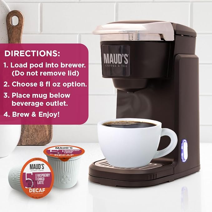 Maud's Decaf Raspberry Chocolate Flavored Coffee Pods, 18 ct, Decaffeinated Medium Roast Flavored Coffee in Single Serve Pods – 100% Arabica Beans, Compatible with Keurig K Cups Maker